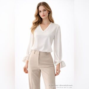 Zara Basic Collection White Bow Sleeve Blouse – Size L | Elegant Minimal